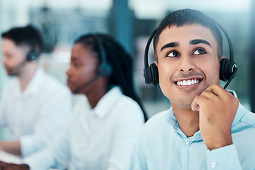 Image showing Happy, call center and man on break thinking of crm solution or contact us strategy with excited look in office. Indian telemarketing person in professional workspace thoughtful with idea.