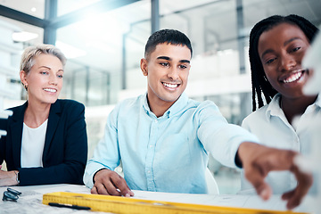 Image showing Teamwork, meeting and blueprint with an architect, designer and technician working together as a team in the office. Architecture, design and creative with a man and woman building group at work