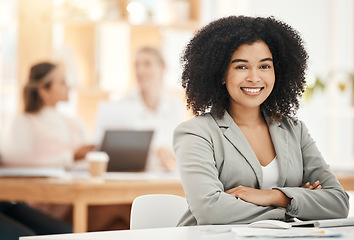 Image showing Portrait, black woman and business leader crossed arms, confident and pride. Female entrepreneur, corporate executive or empowered girl with smile, happy or leadership with vision for startup company