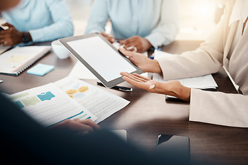 Image showing Blank tablet and white screen with mockup of a business woman in a team meeting. Working, planning and work web research of a employee talking of tech data and ux graph information with mock up