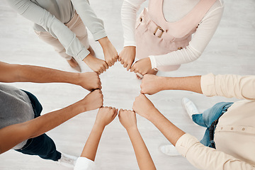 Image showing Corporate teamwork, fist bump hands of people in company diversity together and global business connection. Group employees collaboration, staff success and office workplace community team building