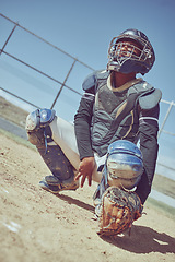 Image showing Sports, baseball and catcher ready in a game, match or training on outdoor baseball field. Fitness, exercise and baseball player with focus, concentration and determination to win baseball game