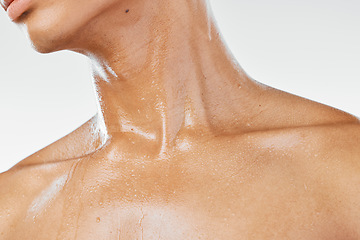 Image showing Skincare, neck and man in studio for beauty, wellness and hydration closeup against a white background. Fitness, exercise and throat skin care by model, sweat and cosmetic, moisture and serum product
