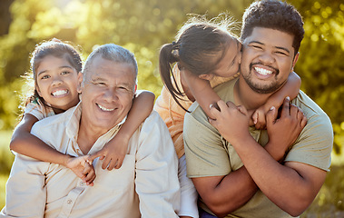 Image showing Happy family, love and children smile outdoors bonding together for piggy back ride in garden. Fun grandpa, relax dad and kids play in nature park on big family travel vacation or summer holiday