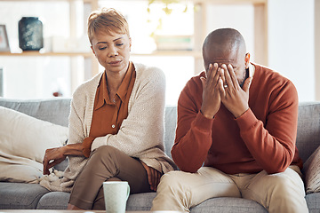 Image showing Fight, divorce and depression with old couple on sofa for mental health, angry and problem. Counseling, therapy and difficult with old man and woman healing toxic marriage for sad, stress and fail