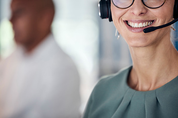 Image showing Call center, contact us and woman with headphone and microphone, customer service job or telemarketing with tech support. Connect, crm and help client, agent smile at office with communication.