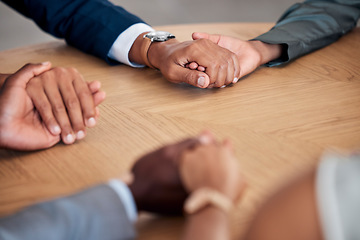 Image showing Holding hands, therapy circle and community support group for stress, anxiety and depression in the corporate workplace to prevent burnout. Business people, mental solidarity and health with empathy