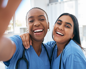 Image showing Healthcare, selfie and portrait of doctors working at a hospital, happy and smile while bonding and having fun. Face, nurse and medical intern women friends, pose and embrace for picture at a clinic