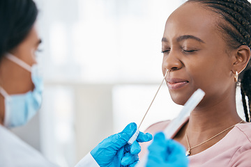 Image showing Covid doctor, pcr nose swab and black woman check rapid antigen test in clinic, hospital and assessment service. Sick patient, healthcare and medical analysis of nasal dna for corona virus bacteria