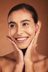 Image showing Skincare, makeup and woman thinking of cosmetics, dermatology and wellness from a spa against a brown studio background. Health, beauty and model with a smile for clean facial cosmetic cosmetology