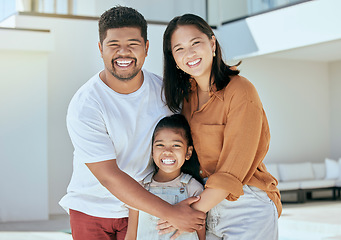 Image showing Family, mother and father hug child, happy in portrait together outdoor, love and care between parents and kid, bonding at home. Mexican man, Asian woman and girl smile, spending quality time.