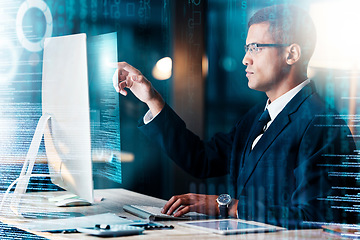 Image showing Businessman, computer and futuristic hologram code for cyber security software, website seo and blockchain cybersecurity. Web developer, programmer and designer with digital transformation technology