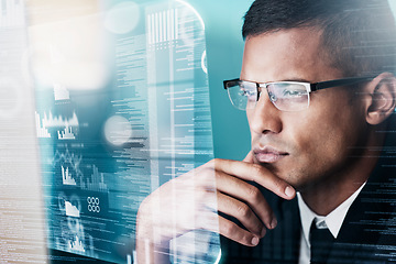 Image showing Accountant, hologram or businessman thinking for futuristic computer AI, stock market trading or economy big data analytics. Digital, finance software or man for cyber security or bitcoin investment