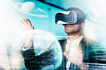 Image showing VR, businessman and global media, metaverse or networking data, digital transformation or futuristic cyber universe innovation. Technology abstract in office of virtual reality future user automation