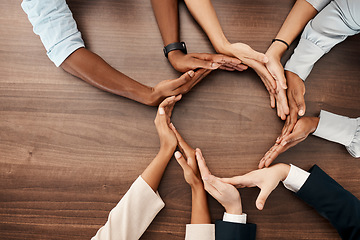 Image showing People with hands in circle, business diversity and banner for global recruitment marketing. Round table meeting, solidarity in corporate workplace, group collaboration and united nations community