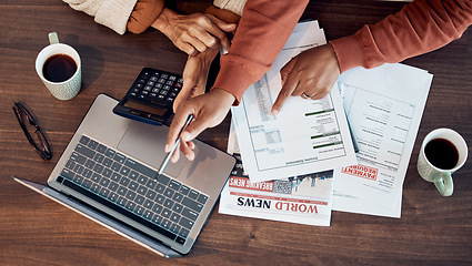 Image showing Laptop, calculator or finance with hands of black couple for tax audit documents research or investment review. Top view, accountant or black woman and man planning house mortgage or insurance budget