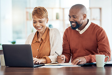 Image showing Laptop, finance or black woman and man with financial documents, investment research or planning life insurance. Finance, online banking or happy black couple for home mortgage loan payment in house.