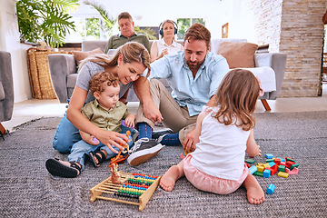 Image showing Family, toys and kids play in living room home, having fun and bonding with parents. Love, child development and care of big family, grandpa and grandma, mom and father with kids playing with blocks.