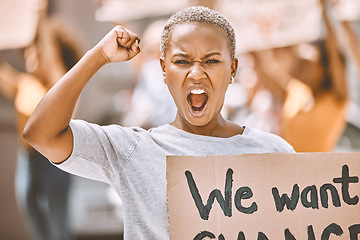 Image showing Power, motivation and scream protest of a black woman protesting for social change. Portrait of a young woman activist from New York fighting for women equal rights and justice for black lives matter