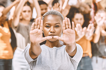 Image showing Protest, stop hands and black woman with people .fighting for peace, end to racial discrimination or freedom. Politics, justice or rally, activism or group demand social change or human rights.