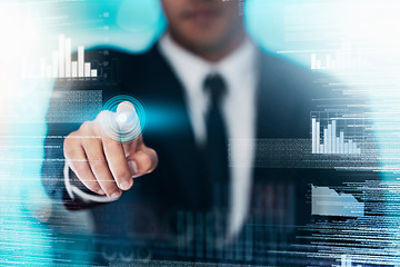 Image showing Hologram, technology and digital trading data analytics with business man using AI for stock market, investment and finance growth chart. Double exposure and future software with hand of trader male