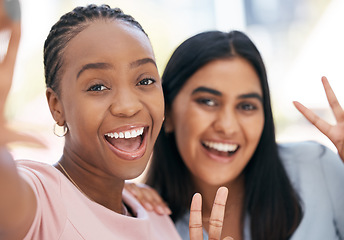Image showing Selfie, women and show sign for peace, smile and being happy for result, confident or girls have fun together. Diversity, portrait and female friends pride with hand gesture, take photo or happiness.