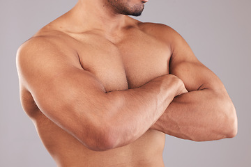 Image showing Fitness, chest and man closeup in studio for wellness, health and exercise on grey background mockup. Skincare, muscle and guy model biceps, body and skin for beauty, grooming and hygiene on mock up