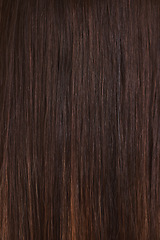 Image showing Hair backgrounds, smooth texture and brown color, hair style, extension and zoom hair care, hair dye and beauty salon shampoo cosmetics product. Closeup brunette long haircut, wig and head with shine