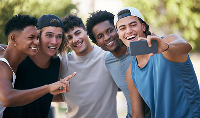 Image showing Fitness, friends and selfie in a city after workout, exercise and morning cardio by happy, smile and men outdoors. Man, phone and group posing for photo after training for health, wellness and fun