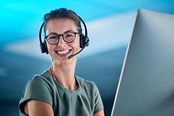 Image showing Telemarketing, call center and sales with a woman consultant working on a computer and headset in her office. Customer service, ecommerce and communication with a female employee at work in crm