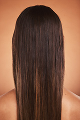 Image showing Beauty, hair care and woman with a balayage in a studio from the back with a beautiful hairstyle. Wellness, natural and model with long, straight and clean hair style isolated by a orange background.
