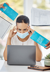 Image showing Covid, tired or stress of woman at laptop overwhelmed with information in business peoples hands. Anxiety, mask and mental health concern of corporate employee with covid 19 fatigue at work.