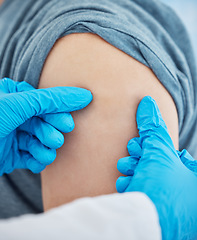 Image showing Touching, medical and hands of a doctor on an arm of a patient before a vaccine at a hospital. Test, healthcare and worker in medicine doing a check, consultation and help with pain in shoulder