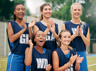 Image showing Netball, sports and applause with a woman team in celebration of a victory as a winner on a field outside. Fitness, health and teamwork with a female sport group cheering for a goal or success