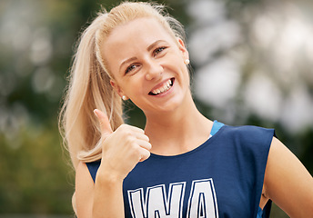 Image showing Thumbs ups, netball and sports woman in portrait for competition success, winning face and outdoor fitness motivation with green park bokeh. Australia athlete girl with like, yes or okay hand sign