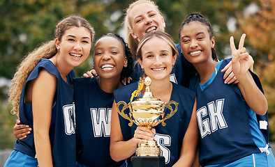 Image showing Trophy, sports and winner women team celebration portrait for international netball competition or game event with support, teamwork and achievement. Excited athlete girl group winning a prize goal