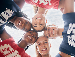 Image showing Netball, sports and women in circle for trust, teamwork and strategy game planning with support, teamwork and motivation. Diversity, athlete girl group huddle together talking of competition mission