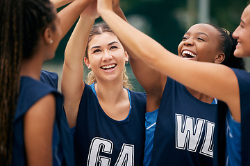 Image showing High five, sports and teamwork women group celebrate game achievement, target goal or competition success together. Netball teenager friends with celebration sign for motivation and support training