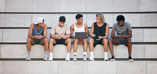 Image showing Sports friends, technology and fitness multimedia user website, online social networking mobile app and training marketing team. Group of people, men or teenager on social media with laptop and phone