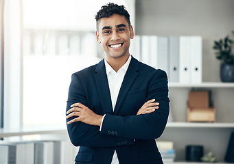 Image showing Office, finance and proud business man in company portrait for job motivation, career goals and leadership with a smile. Corporate manager, boss or executive happy with workplace vision or success