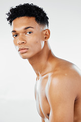 Image showing Black man, beauty portrait and cosmetic skincare for healthy lifestyle motivation. Young African American nude, facial care health and natural black skin wellness therapy in white studio background