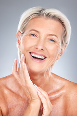 Image showing Skincare, anti aging and portrait of mature woman with smile face and manicure on studio background. Beauty, botox and collagen, middle aged lady from Australia with health, wellness and clean skin.