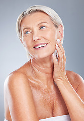 Image showing Senior, beauty skincare and model woman from Germany with healthy skin and wellness with a smile. Happy, cosmetic and dermatology of a elderly person face feeling happiness from anti aging treatment