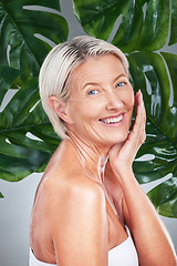 Image showing Skincare, spa and senior woman with leaf in studio, model for beauty, luxury and wellness. Dermatology, cosmetics and portrait of old female with healthy skin, wrinkles and natural anti aging product