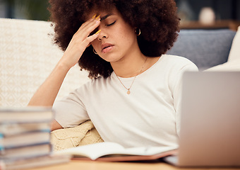 Image showing Headache, mental health or student woman on laptop with depression, stress or anxiety thinking of college, school or university scholarship. Sad, frustrated or girl for burnout or education deadline