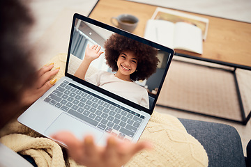 Image showing Laptop video call, webinar or woman wave to friend for communication, networking or collaboration with smile in living room. Happy, student or girl with tech greeting teacher or mentor for education