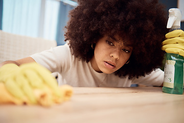 Image showing Cleaning, table and black woman wipe dust from surface of furniture, desk and counter at home. Domestic hygiene, housework and girl using cleaning products, detergent and spray bottle to clean house