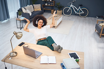 Image showing Top view, black woman or dancing to music headphones in home office or house living room in study, education or learning break. Smile, happy or relax student listening to radio podcast on technology