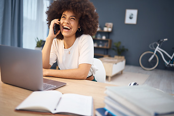 Image showing Laughing black woman, phone call or laptop in home office networking collaboration, customer rapport or b2b sales deal. Smile, happy or afro creative designer with marketing technology in remote work