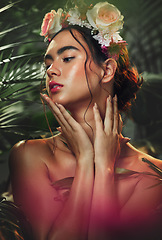 Image showing Flowers, skincare and woman with rose crown in studio for beauty, makeup and wellness with leaf, nature and plant. Flower, girl and model in jungle for facial, skin and cleaning, floral and aesthetic